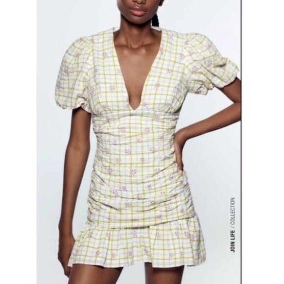 Zara Women’s Checkered Draped Mini Dress Balloon Sleeve Floral sz M - Picture 1 of 13